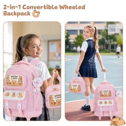 Capybara Rolling Backpack for Girls - 3PCS Girls Backpack Kids Suitcase with Lunch Box & Pencil Case Travel - Capybara Backpack with Wheels for Kindergarten Preschool Elementary (Pink) - color: Pink