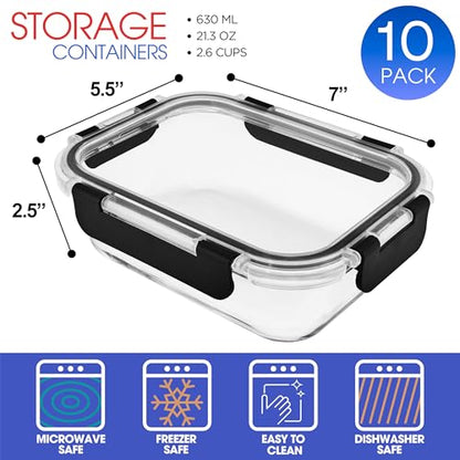 Sorbus 20pc Glass Meal Prep Containers Set – 10 Glass Food Storage Containers (21.3oz, 2.6 Cups) with Airtight Lids – Freezer, Dishwasher, and Oven Safe – Reusable Containers for Meal Prep and Storage - size: 10 Small Rectangular
