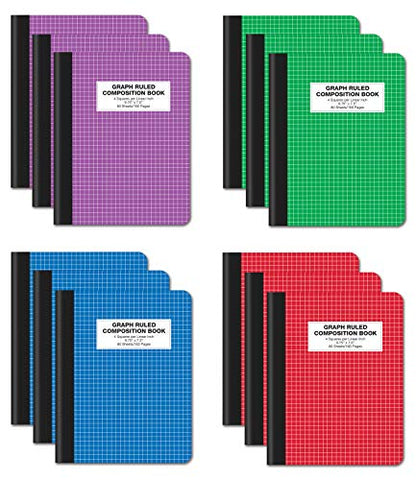 Better Office Products Quad Ruled Composition Book Notebook, 12 Pack, Hardcover 4x4 Graph Ruled Paper, 80 Sheets, 9.75" x 7.5", Assorted Color Covers, 12 Pack