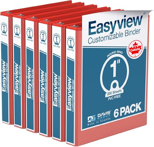 Easyview Premium 3-Ring Binders with Clear-View Covers and Round Rings, Binders for School or Office, 1 Inch, Pack of 6, Red - color: Red, size: 1 Inch, style: 6 Pack