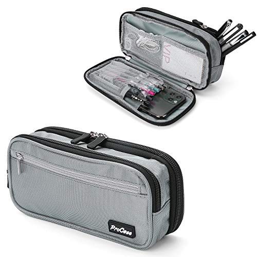 ProCase Pencil Case Pen Bag, Two Layers Big Capacity Pencil Pouch Pen Organizer Durable Stationery Holder for Marker Organization School Supplies Office Storage Desk Organizing - color: Grey