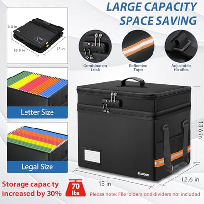 Fireproof Document Box with 13 Pocket Accordian File Folder | Water-Resistant File Organizer Box with Lock, Collapsible File Storage Cabinet for Hanging Letter/Legal Folder, Black