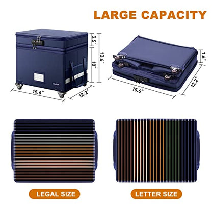 DocSafe File Box with Lock, 2-Layer Fireproof Document Box with Wheels,Collapsible File Storage Organizer with Pockets,Large Portable Office Filing Cabinet Hanging Folders,Blue,16''x13.8''x12.2'' - color: Blue