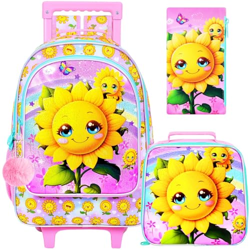 KLFVB Girls Bookbag with Wheels, 3PCS Kids Roller Backpack with Lunch Bag, Wheeled School Bag for Children - Smiling Sunflower - color: UV Printing Sunflower Pink Rolling Backpack