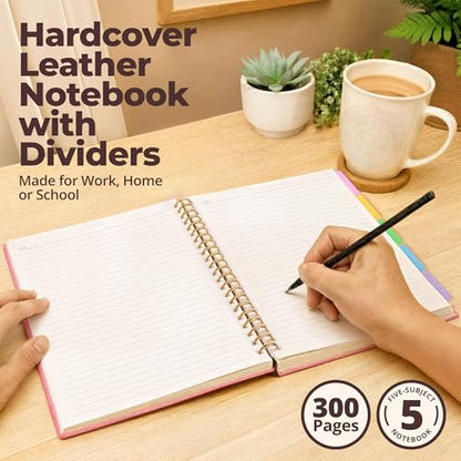 Hardcover Leather Lined Spiral Notebook 8x10" with Removable Dividers - Pink - 300 Pages 5 Subject College Ruled Notebook for Work with Tabs, Pockets, and Pen Loop for Note Taking, Large Journal - color: Pink