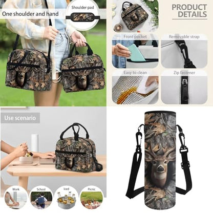 Horeset Deer Camo Kids Boys School Backpack with Insulated Lunch Tote Water Bottle Sling Bag Set of 3, Large Capacity 17inch Bookbag Schoolbag with Adjustable Padded Shoulder Straps - color: Deer Camo