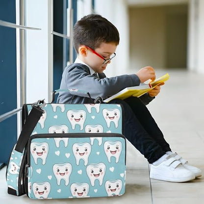 Cartoon Cute Teeth Dental Health Care Green Binder with Extra Pockets with Shoulder Strap Waterproof 1.5 Inch 3 Rings Storage Bag Portfolio Binder Office Supplies - color: Cartoon Cute Teeth Dental Health Care Green