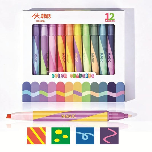 HANKU 12 Pack Magic Color Changing Markers Double-Headed Chisel Tip Highlighters, Lettering & Secret Messages, Art Drawing Back to School Stationery Set for Students Christmas gift (Color changing)