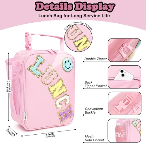 FlowFly Lunch box Insulated Soft Bag Mini Cooler Back to School Thermal Meal Tote Kit With Buckle and Mesh Side Pocket for Girls, Boys, PinkWithLetter - color: PinkWithLetter