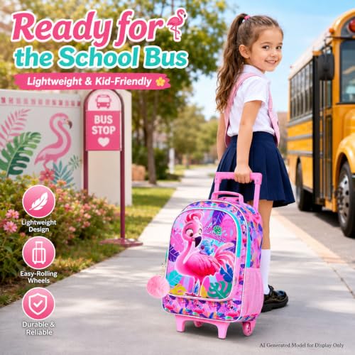 gxtvo Girls Rolling Backpack, Cute Flamingo Roller Wheels Kids Bookbag - Wheeled Elementary School Bag - 3PCS Flamingo - color: Uv Printing Flamingo Pink Rolling Backpack
