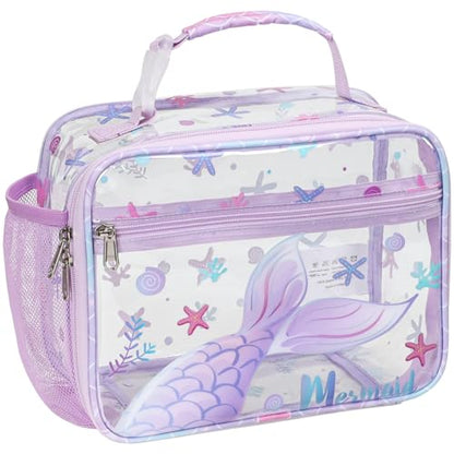 Bagseri Clear Kids Lunch Bag - School Snack Bag with Bottle Holder | Side Pocket, Buckle Handle, Wide Opening, PEVA Lining, School Girls Lunch Box, Clear Toy Bags, Purple Mermaid - color: B-purple mermaid tail