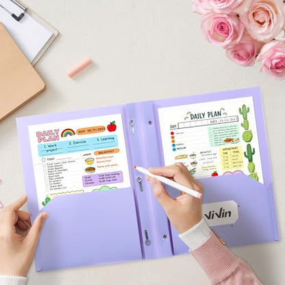 ViVin Sturdy Plastic Folder with Pockets,6 Pack,Heavy Duty Two Pocket 3 Prong Folders,Holds Letter Size Paper,File Folders with Business Card Slot for School Home and Office(Light Purple) - color: Light Purple, size: 6 PACK