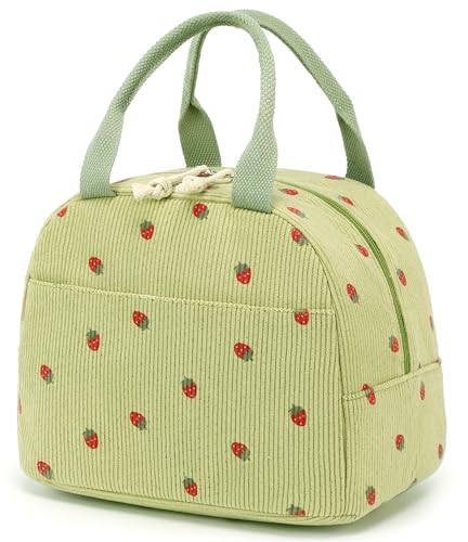Bluboon Lunch Bag for Women Men Cute Corduroy Lunch Tote Bags Reusable Insulated Lunch Box Large Capacity Reusable Insulated Cooler for Work Picnic or Travel - color: Corduroy strawberry Green, size: Medium (10L)
