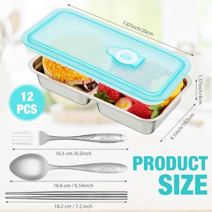 Vesici 12 Pack Stainless Steel Bento Boxes with Tableware Set 15 oz 2 Compartments Snack Box Containers with Leakproof Lids, Divided Meal Prep Lunch Box Food Container Dishwasher Safe - style: 2 Compartments