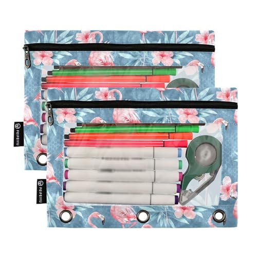 Fustylead Beautiful Pink Flamingos and Floral Leaves Pencil Pouch Fits Standard 3-Ring Binders, Zipper Binder Pencil Bag with Clear Window for School Office Cosmetic 2 Pack - color: Blue02 Flamingo