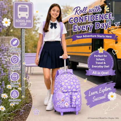 CCJPX Rolling Backpack for Girls, 3Pcs Roller Wheeled School Bookbag, Daisy Wheels Backpacks with Lunch Box for Kids (Purple) - color: Daisy Purple