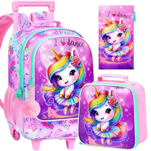 CCJPX 18" Unicorn Rolling Backpack for Girls, 3Pcs Kids Roller Wheels School Bookbag Set, Travel Wheeled School Bag for Toddler Elementary Children(Pink) - color: Unicorn Pink