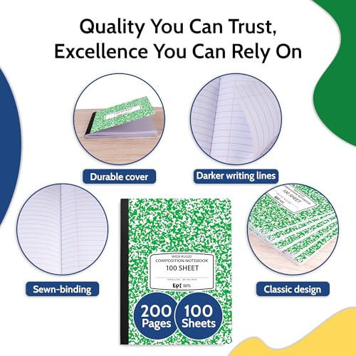 12 Pack - EPI Wide Ruled Marble Composition Notebook - Green 200 Page Note Book - 9.75 x 7.5 Inch Hardcover Journal with Sewn Binding for Secure Pages - Classroom Back to School Supplies - color: Green, size: 12