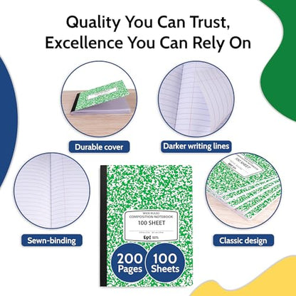 24 Pack - EPI Wide Ruled Marble Composition Notebook - Green 200 Page Note Book - 9.75 x 7.5 Inch Hardcover Journal with Sewn Binding for Secure Pages - Classroom Back to School Supplies - color: Green, size: 24