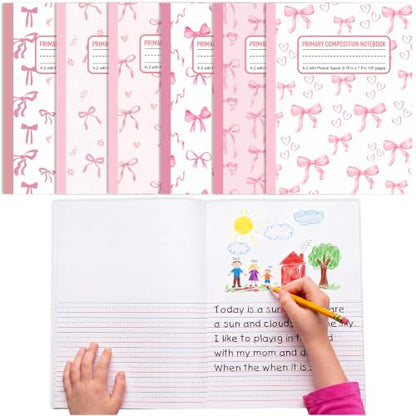 Gueevin 6 Pack Pink Bow Primary Composition Notebook with Picture Space Bulk for Grades K-2 110 Page 8.5 X11'' Half Primary Journal K-2 Drawing Story for Back to School First Day of School - style: Pink Bow