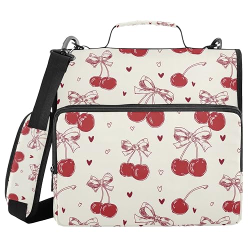 3 Ring Zipper Binder with Shoulder Strap Red Bow Cherry Love 2 Inch Zippered Binder Bag 500 Sheet Capacity Multi Pockets for School Supplies - color: Multi40