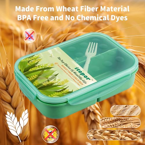 Itopor Bento Box for Kids & Adults, Lunch Box 46 oz, Sage Green | Wheat straw material, BPA-free, leakproof, 3 compartments, microwave & dishwasher safe, for school, office & travel - color: Sage Green