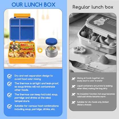 Bento Box for Kids - Leak-Proof Bento Lunch Box with Insulated Thermo Food Jar - 4 Compartments, 1 Removable Divider, 1 Spoon, 1 Fork - Dishwasher Safe, BPA-Free (Blue) - color: Blue
