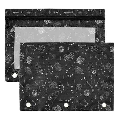 Space Planet Stars Moon Binder Pouches 3 Ring for Boys Girls School Office College Supplies Galaxy Black Universe Rocket Pencil Pouches Case Bag with Clear Window and Zipper 2 Pack - color: Space