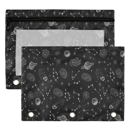 Space Planet Stars Moon Binder Pouches 3 Ring for Boys Girls School Office College Supplies Galaxy Black Universe Rocket Pencil Pouches Case Bag with Clear Window and Zipper 2 Pack - color: Space