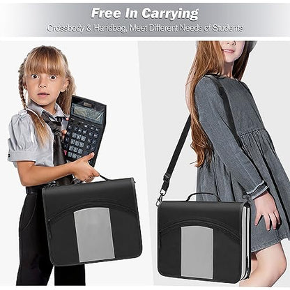 MoKo Zipper Binder with Strap, 3 Inch 3 O Ring, 600 Sheets, Black & Gray | Water-repellent nylon with 2 folders, 2 mesh pockets and a outer pockets, reinforced handle and adjustable shoulder strap. - color: Black