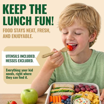GreenLunch Bento Lunch Box for Kids, Large 2-Compartment, Durable and Microwave Safe, BPA-Free with Utensils, Wheat Straw Snack Containers for Kids – Beige - color: Natural