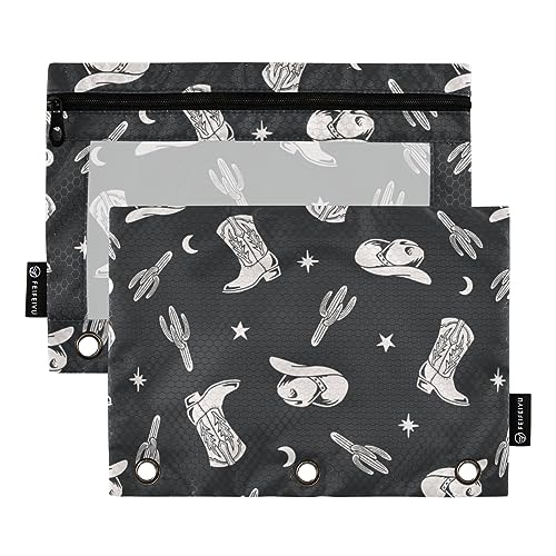 Fisyme Western Cactus Cowboy Pencil Pouch for 3 Ring Binder Pencil Case Pencil Bag Zipper Pouch with Clear Window for Office Supplies, 2 Pack - color: multi-6