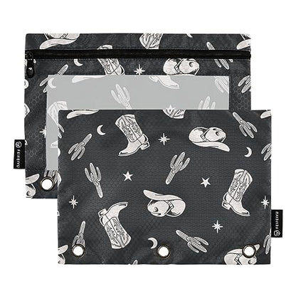 Fisyme Western Cactus Cowboy Pencil Pouch for 3 Ring Binder Pencil Case Pencil Bag Zipper Pouch with Clear Window for Office Supplies, 2 Pack - color: multi-6