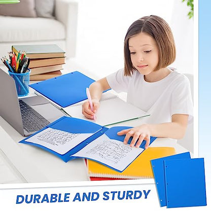 Yeaqee 100 Pcs Plastic Folders with Pockets Bulk 3 Hole Punched 2 Pocket File Folders for 3 Ring Binder Divider Folder for Notebooks, Durable Poly for Office Home (Blue) - color: Blue