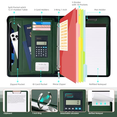 Ospelelf Green Clipboard with Storage 3 Binder Leather Portfolio Folder with Zipper, 12.1” Tablet Sleeve, 5 Dividers with Pocket, Refillable Notepad, Card Slot - color: Green