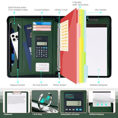 Ospelelf Green Clipboard with Storage 3 Binder Leather Portfolio Folder with Zipper, 12.1” Tablet Sleeve, 5 Dividers with Pocket, Refillable Notepad, Card Slot - color: Green