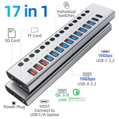 VANGREE Powered USB Hub 10Gbps, 17 Ports USB 3.2 Hub, 96W Power Adapter | 10 USB-A 3.2, 3 QC 24W Fast Charging, 2 USB-C 3.2, SD/TF, 12V/8A Power Adapter for Laptop, PC, Computer, HDD, Flash Drive - color: Silver