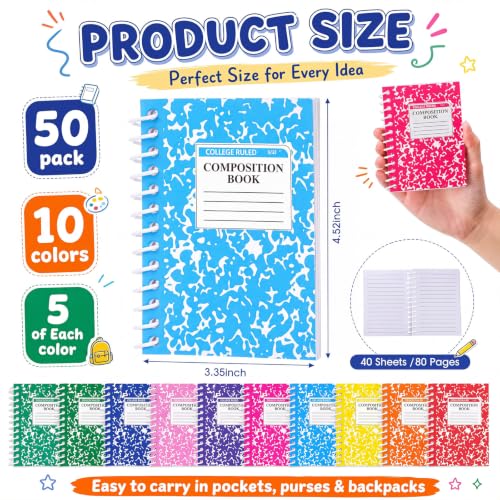 Fainne 50 Pack Mini Spiral Composition Notebooks Bulk 3.4 x 4.5 Inch Pocket Memo Pads Multicolor Marble Small Spiral Pads 80 Pages Journal Notebook for School Classroom Students College Gifts