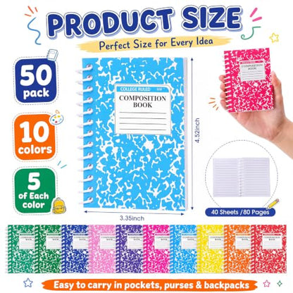 Fainne 50 Pack Mini Spiral Composition Notebooks Bulk 3.4 x 4.5 Inch Pocket Memo Pads Multicolor Marble Small Spiral Pads 80 Pages Journal Notebook for School Classroom Students College Gifts