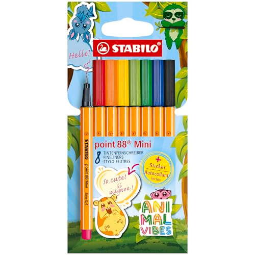 STABILO point 88 Mini Animal Vibes - Fineliner - Pack of 8 - Assorted Colours - style: point 88 Mini