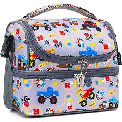 FlowFly Double Decker Cooler Insulated Lunch Bag Large Tote for Boys, Girls, Men, Women, With Adjustable Strap (Truck) - color: Truck