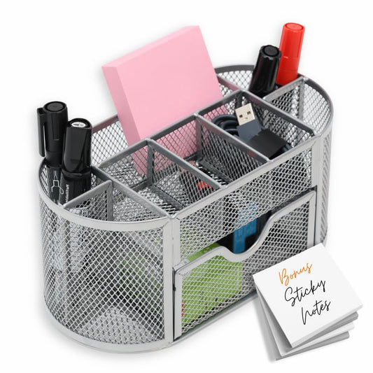 Pen Holder Desk Organizer – 9-Compartment Pencil Holder Desk Organizer with Drawer Tray – Desktop Organizer for Office Supplies and Stationery – Pen Holder for Home, Office, School - Silver - color: Silver