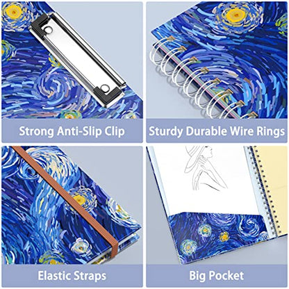 Rimilak Spiral Clipboard Folio with Refillable Lined Notepad, 14.5 x 9.8 In, Hardcover Cover with 5 Interior Pockets, Elastic Band and Pen Loop Series. Cute Stylish Clipfolio, Starry Sky - color: Van Gogh Starry Sky