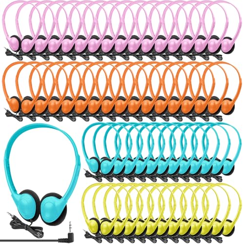 Frienda 48 Pack Classroom Headphones Bulk, Wired School Headsets for Students, Stereo Headphones with 3.5 mm Plug for Classroom, Online Learning, Library(Classic,Blue, Orange, Pink, Yellow) - color: Blue, Orange, Pink, Yellow, style: Classic
