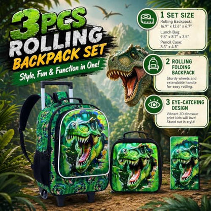 3Pcs Dinosaur Rolling Backpack for Boys, 18" Kids School Backpacks with Wheels, Roller Bookbag with Lunch Box for Preschool Toddler Elementary(Green)