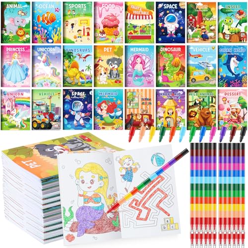 BenLouis Coloring Books for Kids With Stacking Crayons Set Mini Coloring Books Bulk for Ages 4-8-12 Small Activity Books for Birthday Party Gifts Goodie Bags Stuffers Travel（24+24Pcs Assorted） - style: Assorted