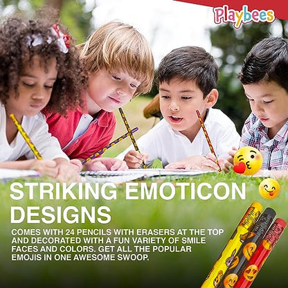 Playbees Emoticon No 2 Pencils for Kids - 144 Pack Bulk Kids Pencils #2 with Erasers - Assorted Smiley Birthday Party Favors, Classroom Prizes, Goody Bag Stuffers, Teacher's Educational Supplies - style: 144 Pack