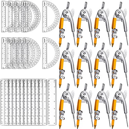 Lincia 48 Pcs Geometry Protractor and Compass Set Geometry Student Math Set with Pencil and Clear Straight Ruler School Classroom Supplies for Study Office Drafting Wood Work Drawing