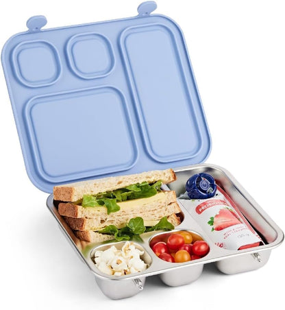 Elk and Friends Kids Stainless Steel Bento Box with Silicone Lid | Leak-proof | Toddler Lunch Container | 4 Compartments | Dishwasher Safe - color: Misty Blue