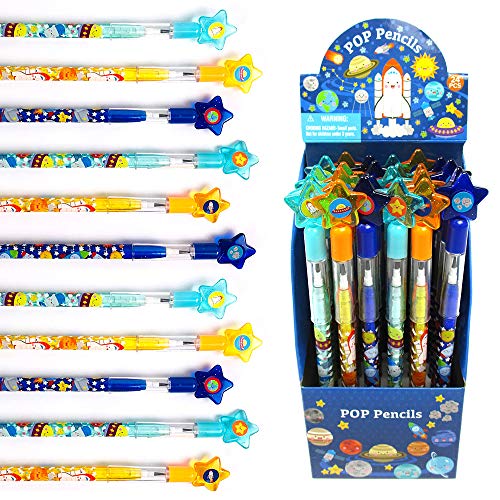 TINYMILLS 24 Pcs Outer Space Rocket Multi Point Stackable Push Pencil Assortment with Eraser for Space Birthday Party Favor Prize Carnival Goodie Bag Stuffers Classroom Rewards